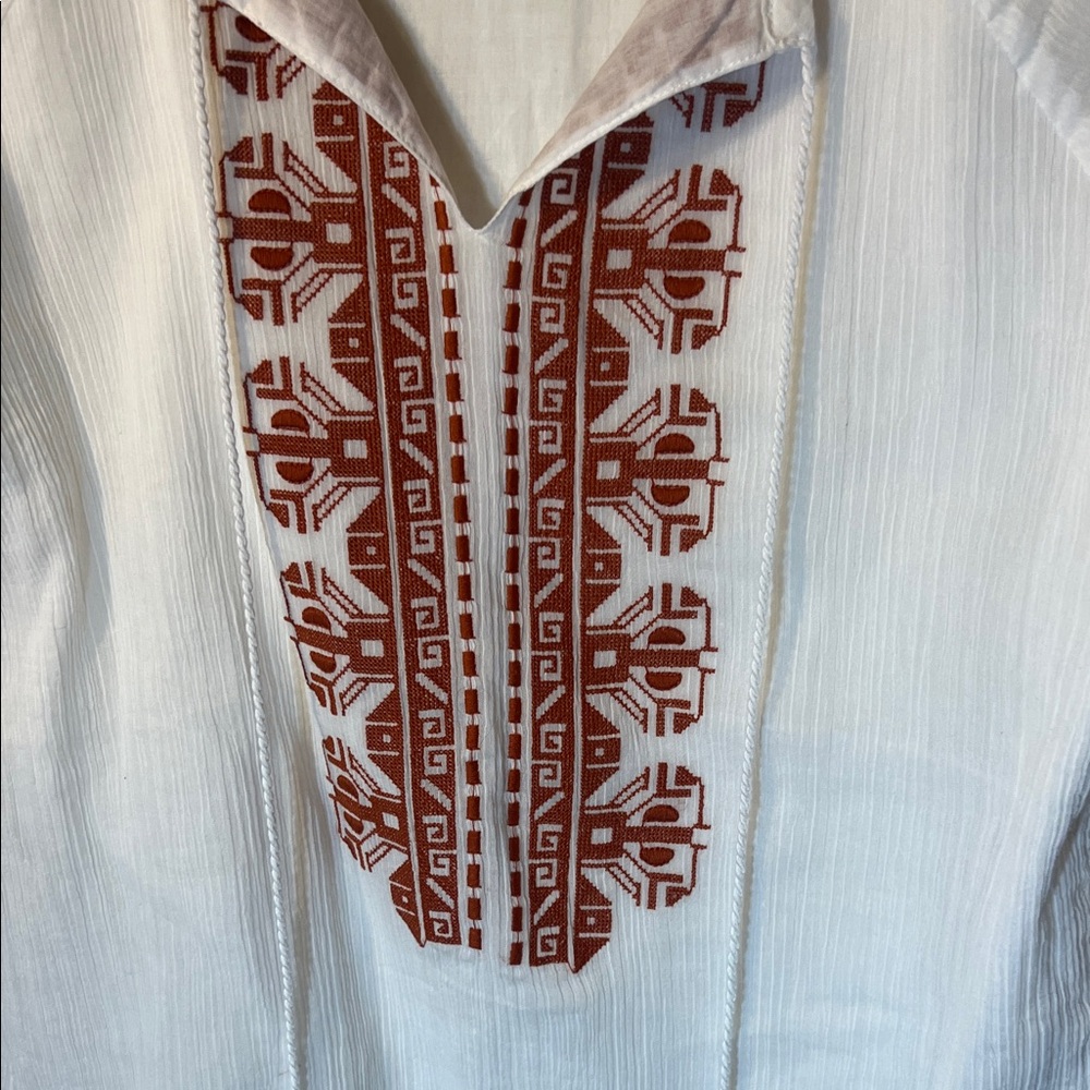 Jade White Blouse with Rust Burnt Orange Embroidery 3/4 Sleeve Boho Large - Picture 4 of 7